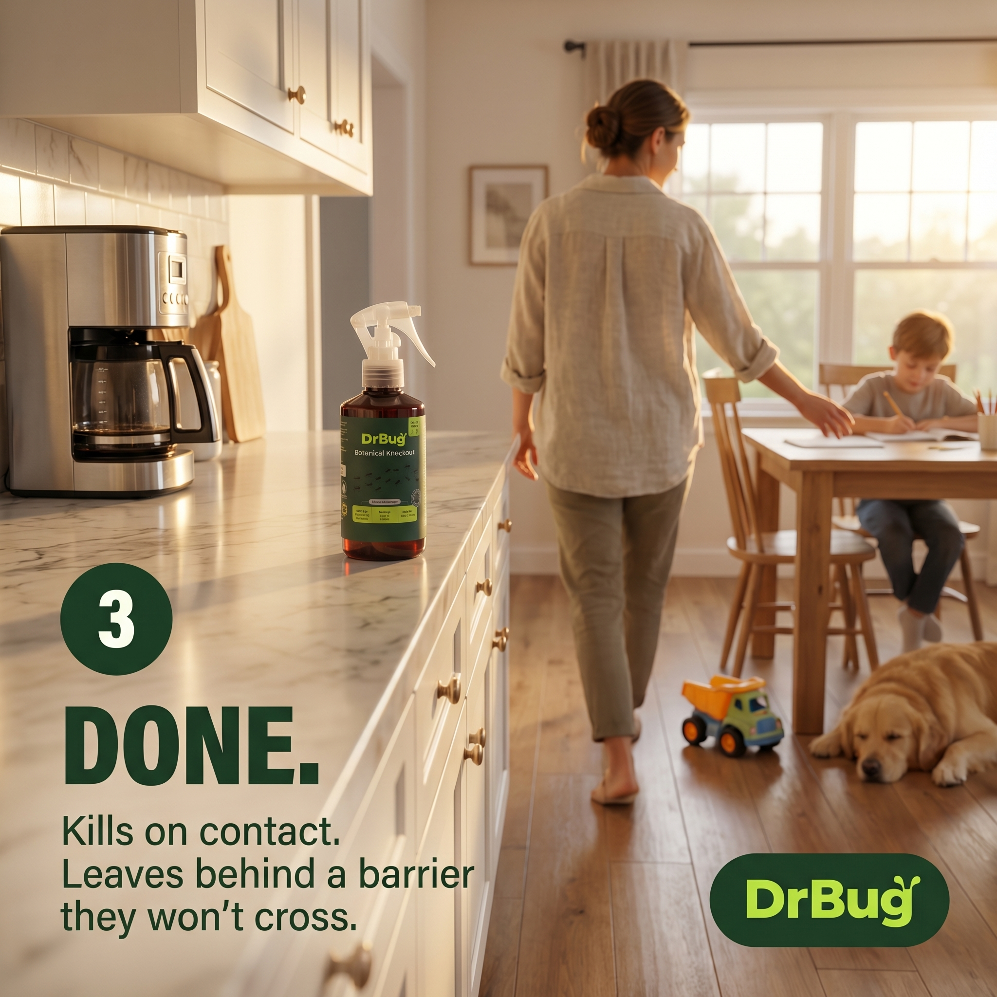 Mom in kitchen with child at table and dog on floor — a safe, bug-free home