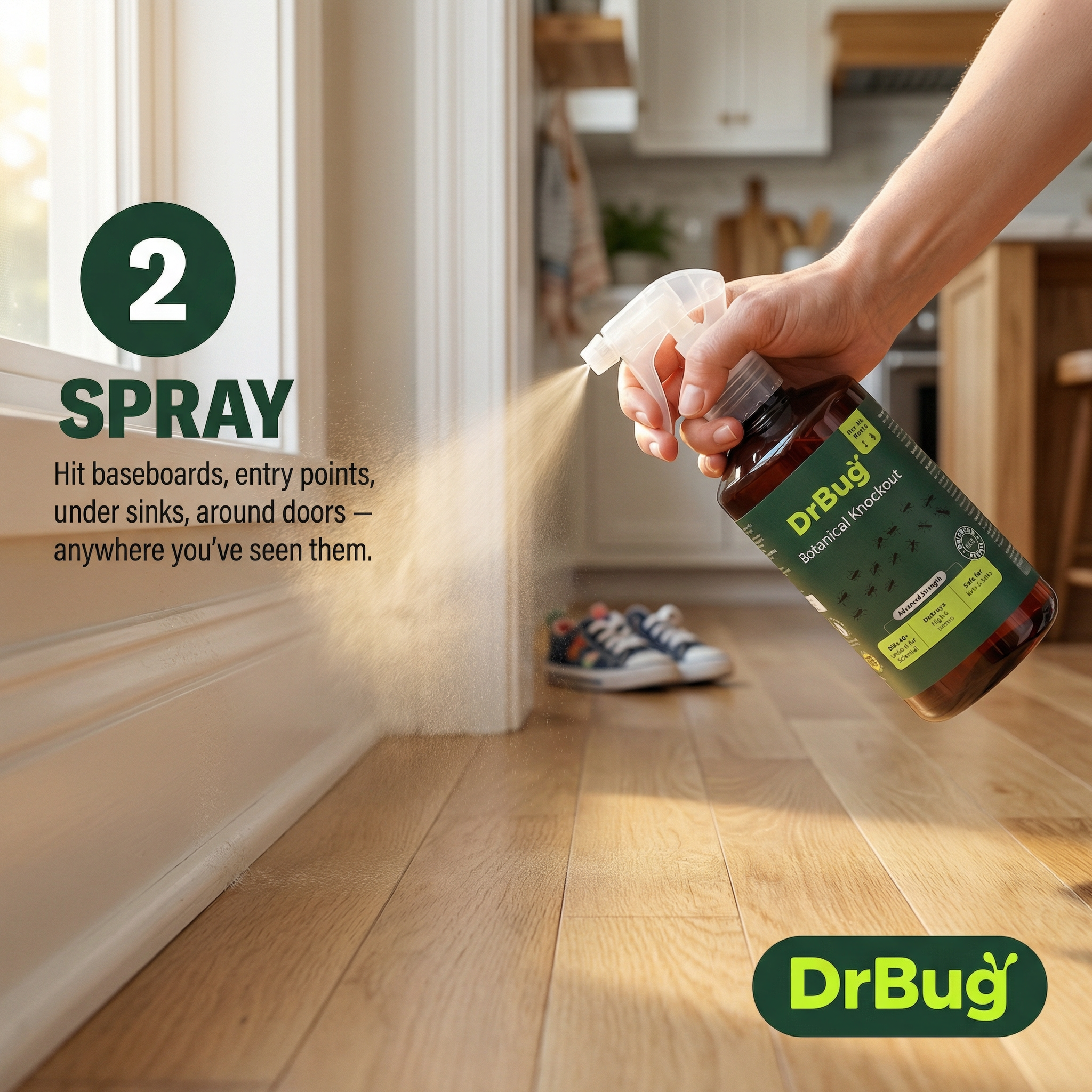 Spraying baseboards in kitchen with kid shoes visible nearby