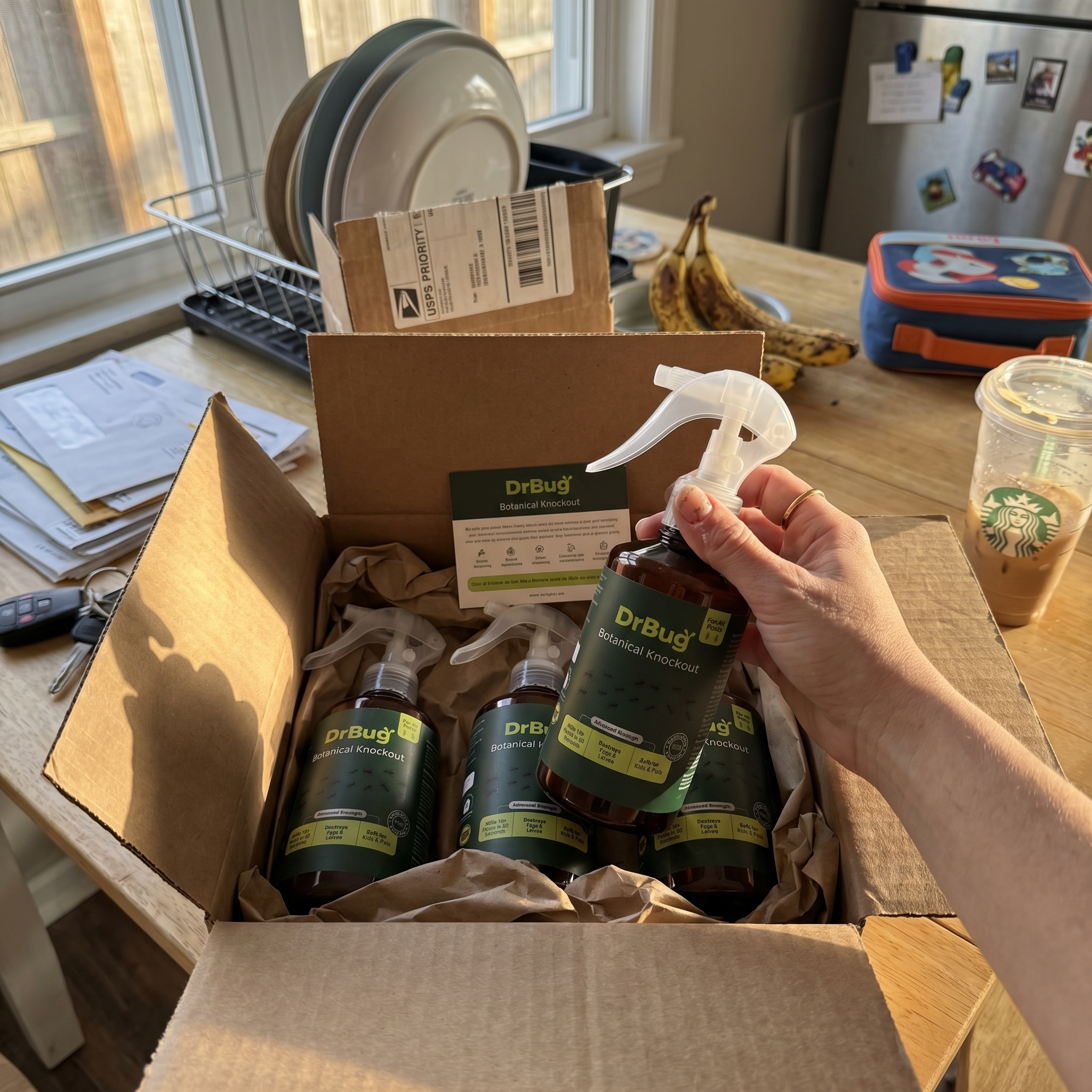 Real customer unboxing DrBug — 3 bottles arrived, kitchen table with kids' lunchbox