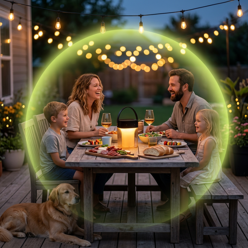 Family enjoying dinner outdoors with DrBug Halo protection